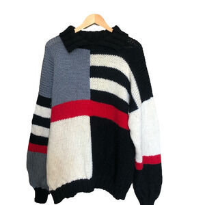 Vintage Hand Knit Black White and Red Wool Sweater Large
